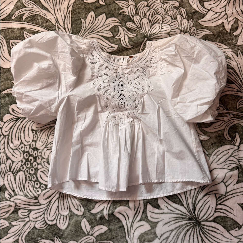 Free People White Puff Sleeve Lace Blouse